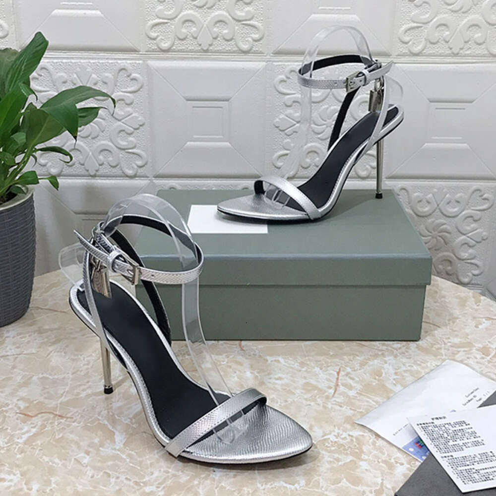 Women Sandals Padlock Naked Sandal Luxury Gold Heel Leather Pointy Strap Wedding Party Dress Shoes With Box 506-image-934990315