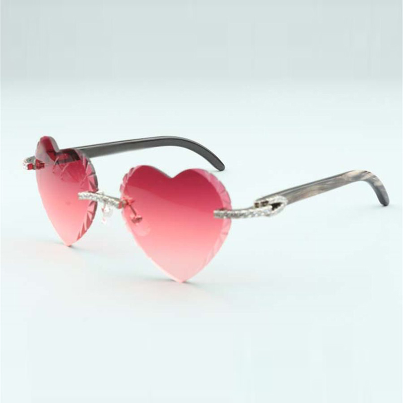 Ventes directes nouvelles lunettes de soleil en diamants à lentilles coupantes en forme de coeur 8300687 branches en corne de buffle texturées no