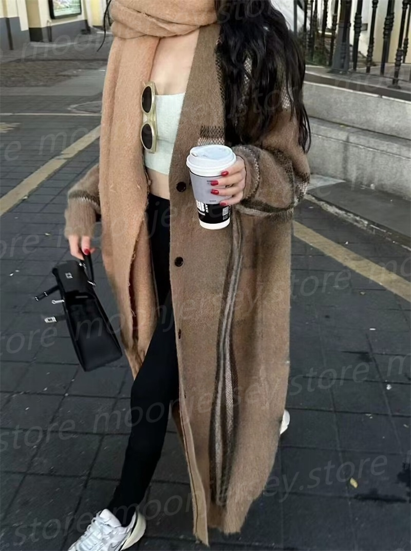 Fashion Designer Long Cardigan with Check Winter Autumn Long Knitted Cardigans Thickened Sweater 25782-image-935654356