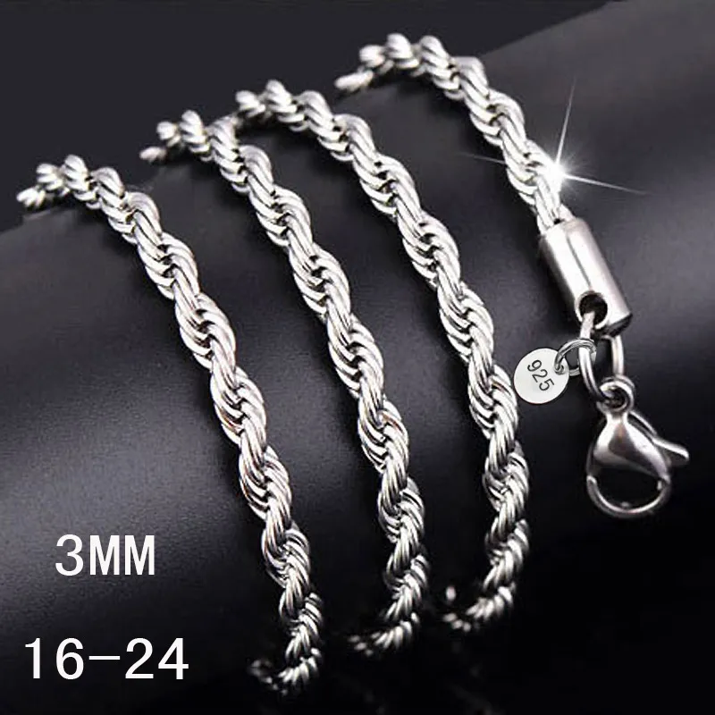 3MM 925 sterling silver twisted Rope chain 16-30inches Luxury silver necklaced For women&men Fashion DIY Jewelry Cheap wholesale