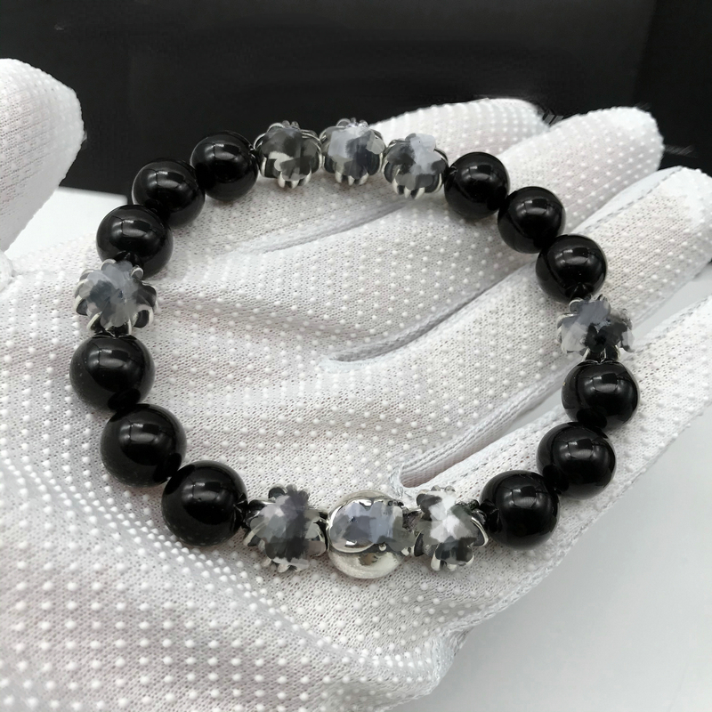 Unisex Designer Crosses Beaded Natural Obsidian Eight Silver Bead Bracelet Europe and The United States Retro Thai Silver Cross Bracelet-image-935615025