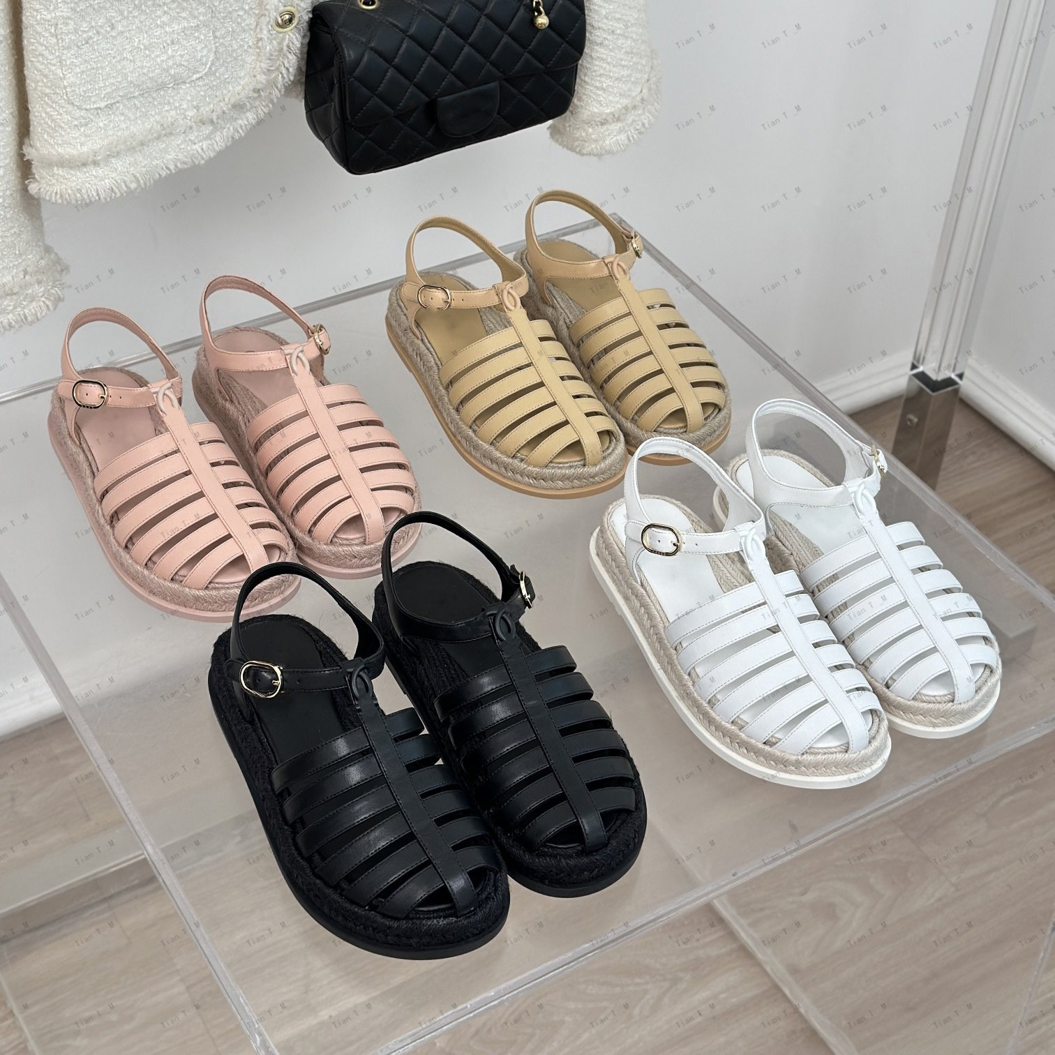 High Quality New Summer Sandals brand Designer Weaving Hollow flat beach Chunky Heel Platform genuine leather slingback Shoes Retro Straw Roman S-image-936108731