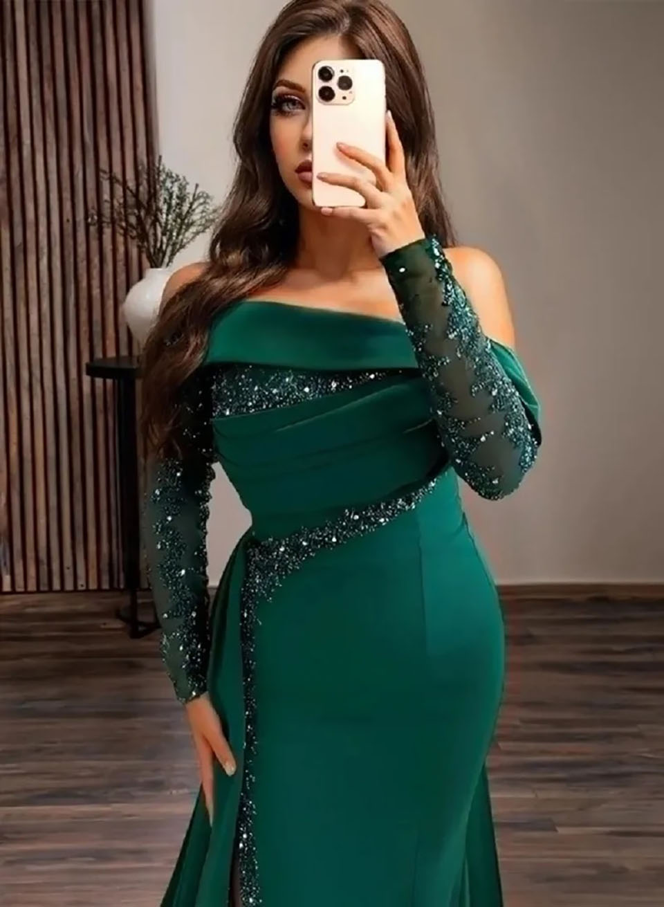 Evening Dresses Dark Green Party Prom Gown Custom Zipper Lace Up Plus Size Mermaid Trumpet Elastic Satin New Off Shoulder Long Sleeve Beaded Appliqu
