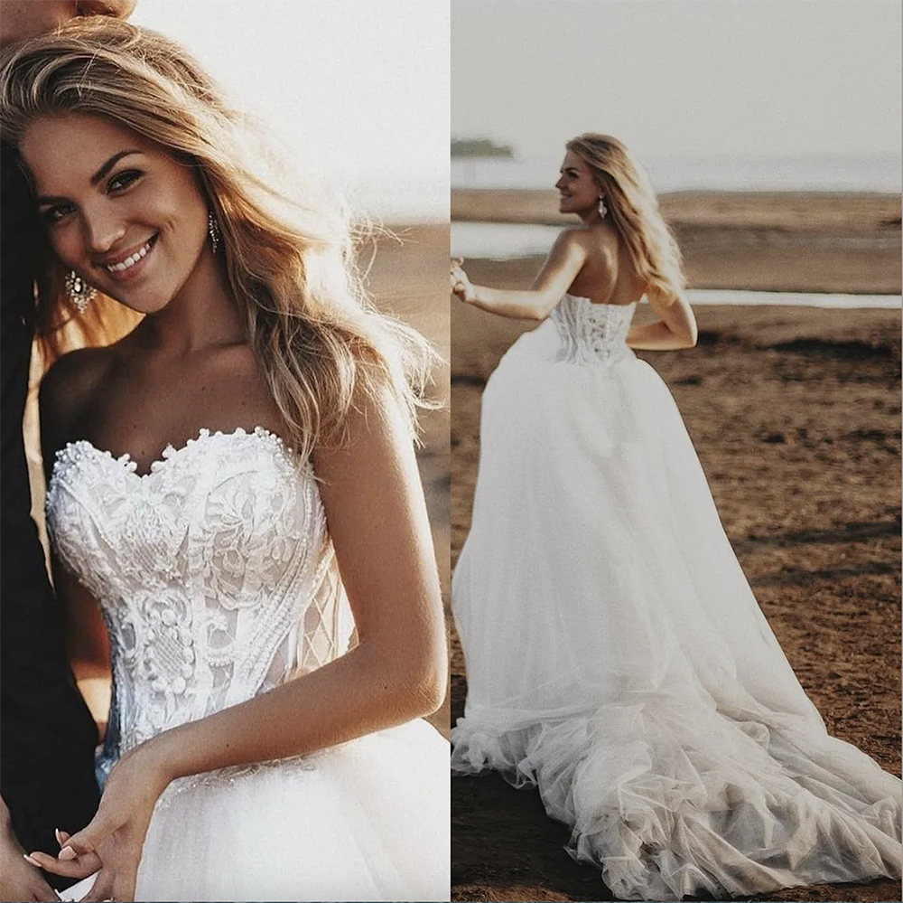 2024 Country Robes bohémiennes Sweetheart Lace Appliques Boho Bridal Robes Sexy Backless Sweep Train A E Robe de mariée