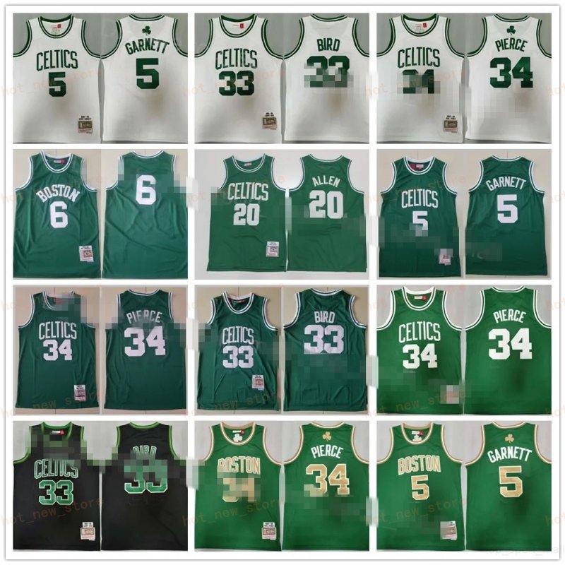 Mitchell and Ness Retro Basketball Kevin Garnett Jersey 5 Ray Allen 20 Paul Pierce 34 Larry Bird 33 Vintage Color Black Green White Breathable St-image-936028142