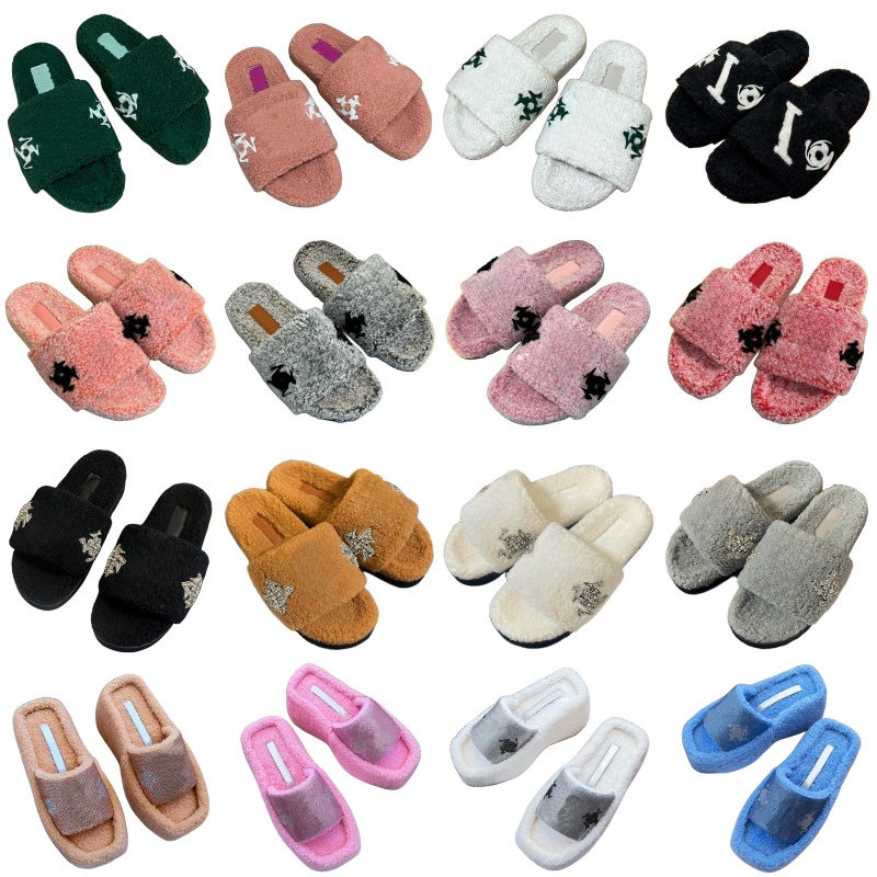 Fur slippers winter warm designer shoes soft letter beach shoes classic women's fashion shoes wool open toe sandals shining diamond platform-image-935918109