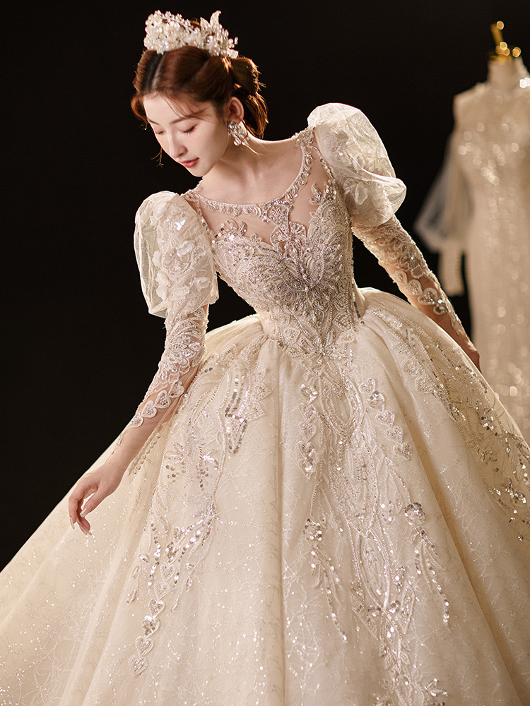 2024 Bling Luxury beaded Ball Gown Wedding Dresses Bridal Gowns Lace Appliques Jewel Neck Plus Size Long Sleeves Illusion Crystal beach sweep tra-image-940007355