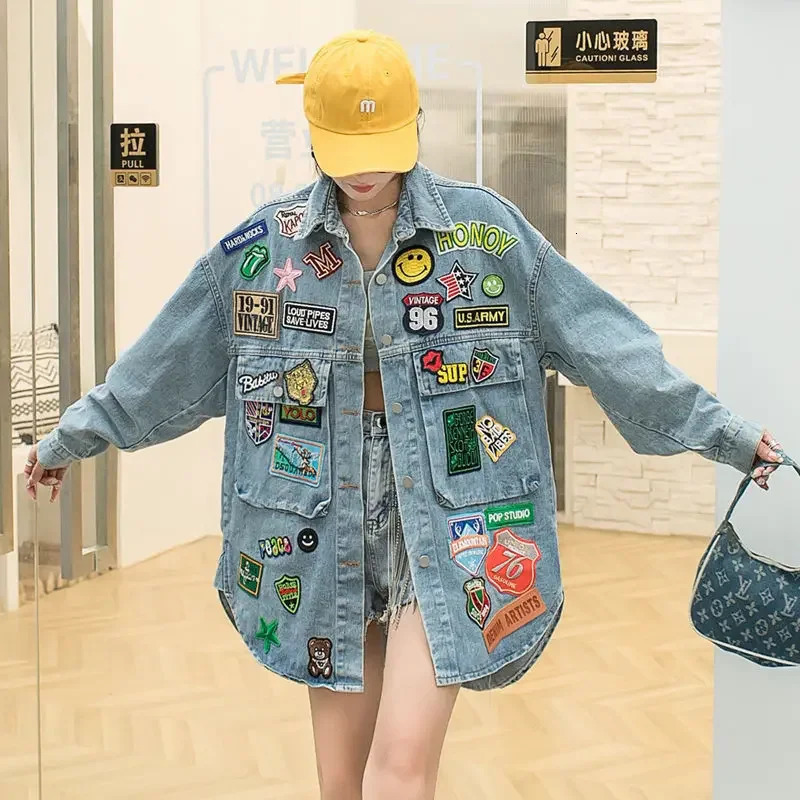 Blue Jean Jacket Woman American Denim Shirt Fashion Coats Letter Label Loose Coat Medium Long Spring Autumn Tops 240105-image-936173654