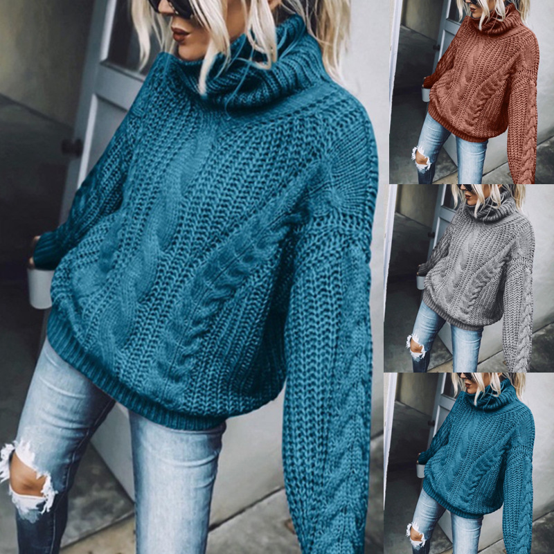 Pull à col roulé pour femmes, grande taille, motif de fleurs de chanvre, couleur unie, ample, épais et chaud, tricot, nouvelle collection automne