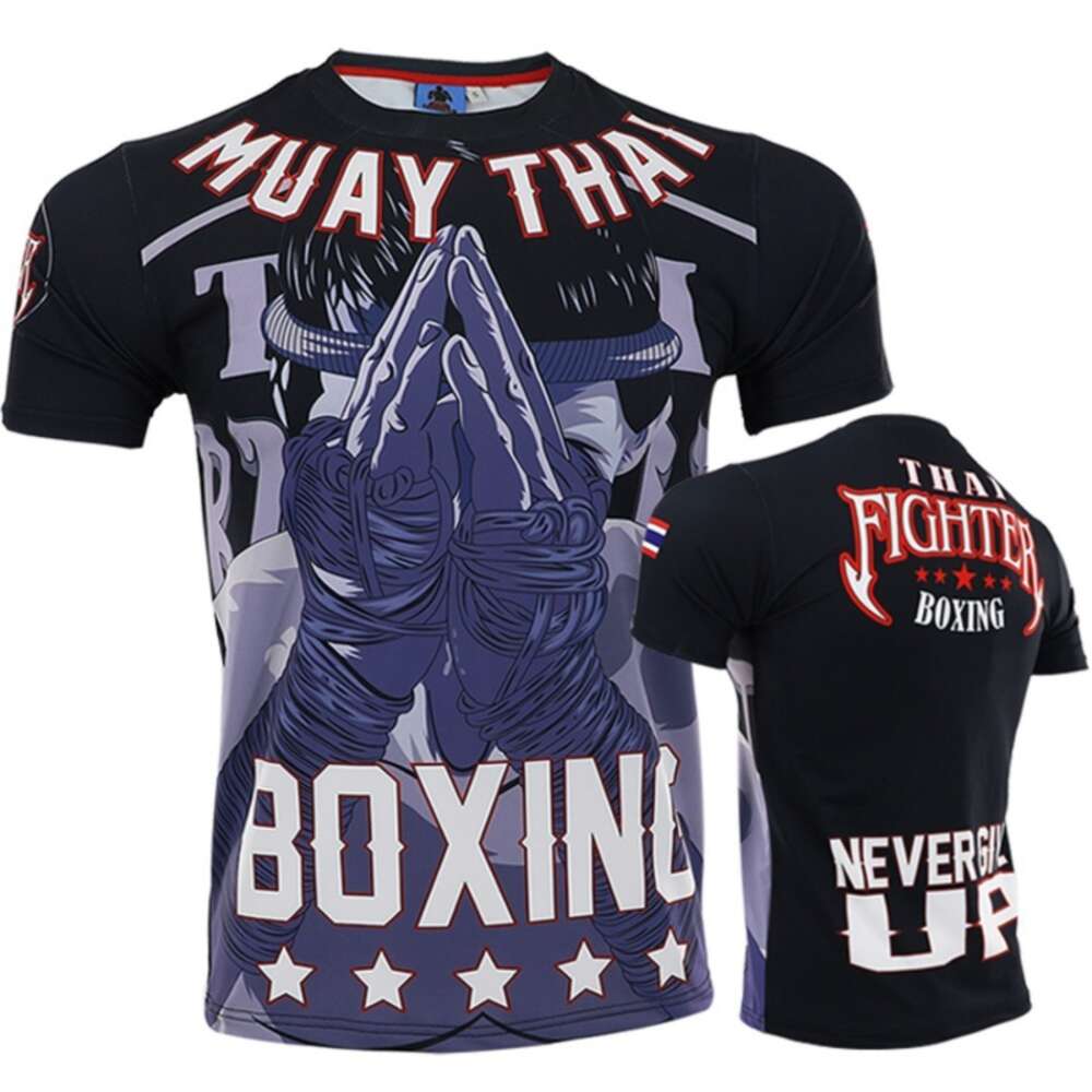 Muay Thai Will Never Give Up Anti-wear Clothes, Fiess, Short-sleeved MMA Sanda Training, T-shirt Fighting, Running-image-936766414