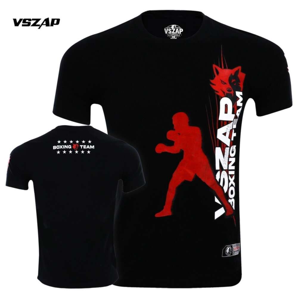 VSZAP Boxer Short Sleeve Fiess Wolf Pure Cotton T-shirt Summer MMA Training Elastic Fighting Sanda Sports Top-image-936769281