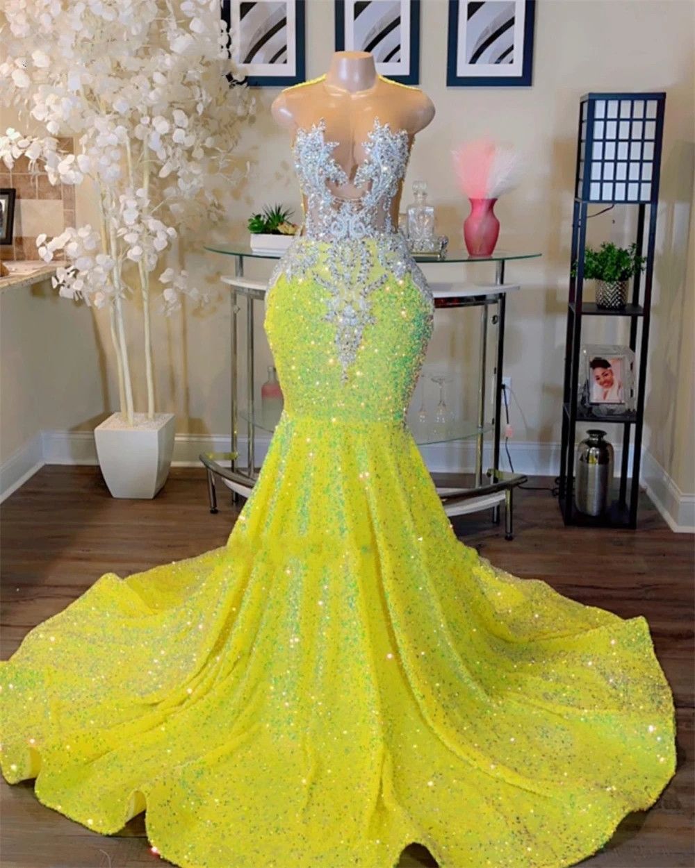 Robes de bal de sirène jaune scintillant 2024: Crystals de filles noires plus robes de taille