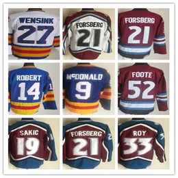 Men Vintage Colorado Hockey Jerseys 52 Adam Foote 21 Peter Forsberg 9 Paul 19 Joe Sakic 33 Patrick Roy 1 Chico Resch 14 Rene Robert 9