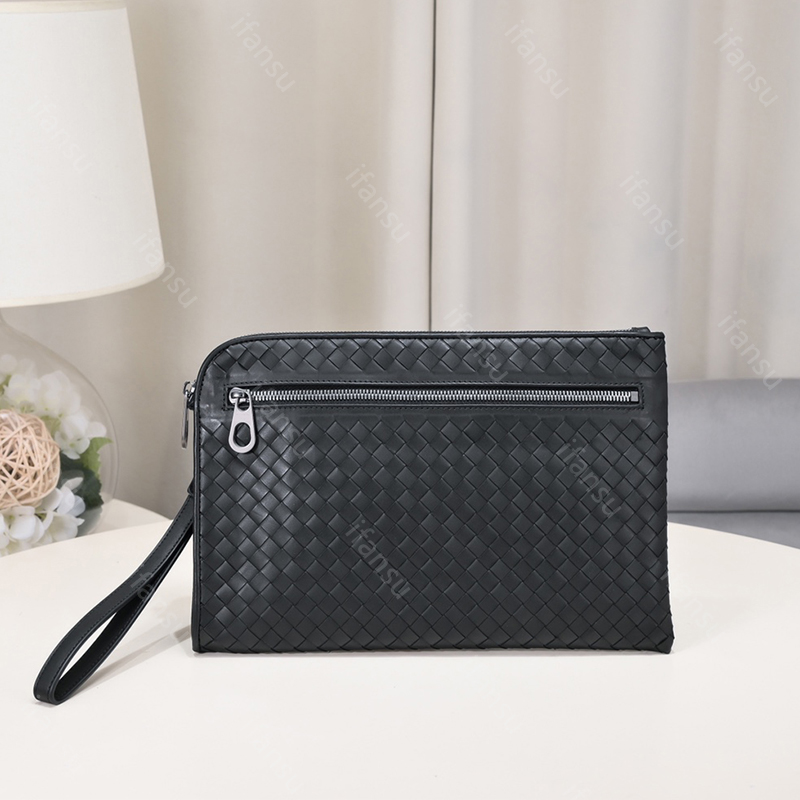Genuine Leather Clutch Bag High-End Designer Business Bag Fashion Luxury Brand Bag Hand Woven File Bag Large Capacity Minimalist Style Black Blue-image-937216180