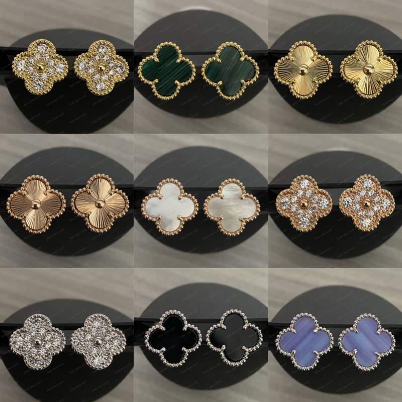 Designer Clover Studs Earring Vintage Four Leaf Clover Charm Stud Earrings Back Mother-of-Pearl Stainless Steel Gold Studs Agate for Women wedding Jewelry gift 1 