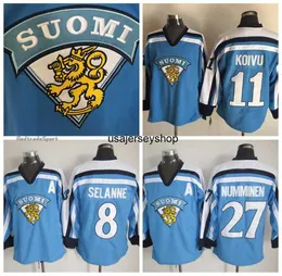 Hockey Jersey Mens Vintage 11 SAKU KOIVU 1998 Team Finland s 27 TEPPO NUMMINEN 8 TEEMU SELANNE Light Blue M-XXXL