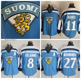 Top StitchMens Vintage 11 SAKU KOIVU 1998 Team Finland Hockey Jerseys 27 TEPPO NUMMINEN 8 TEEMU SELANNE Light Blue Jersey M-XXXL