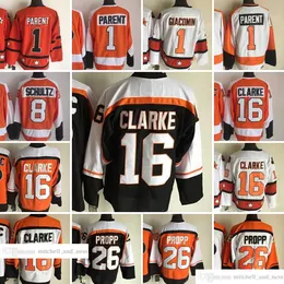 Movie Vintage Hockey 1 Bernie Parent Jerseys CCM Embroidery 8 Dave Schultz 16 Bobby Clarke 26 Brian Propp Jersey White Oraneg Black