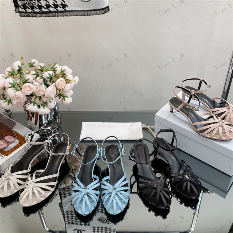 High Quality Newest Sandals Narrow-band Hollow High Heel Sandals Women Wrap toe Ankle Buckle Mid Heel Bride Dress Shoes Ladies Summer Luxury Sexy-image-937508036