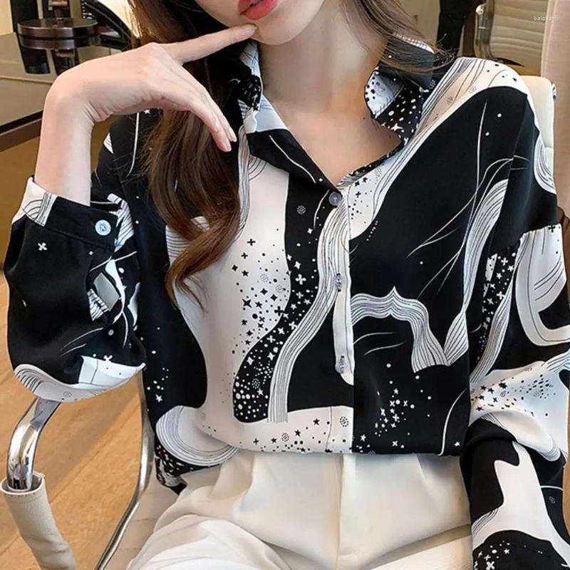 Women's Blouses Turn-Down Collar Long Sleeve Women Shirt Spring Fall Buttons Closure Black White Print Trendy For Daily Life