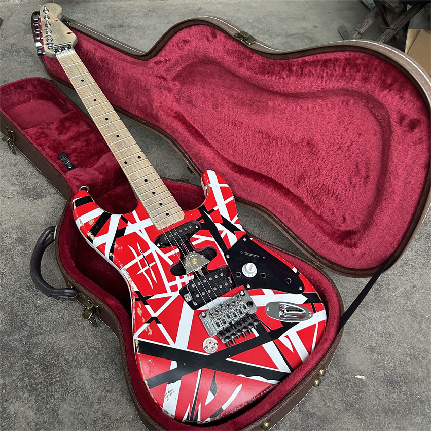 STOCK Edward Eddie Van Halen Heavy Relic Red Franken 5150 Electric Guitar Black White Stripes Floyd Rose Tremolo Bridge Frankenstein-image-378819369