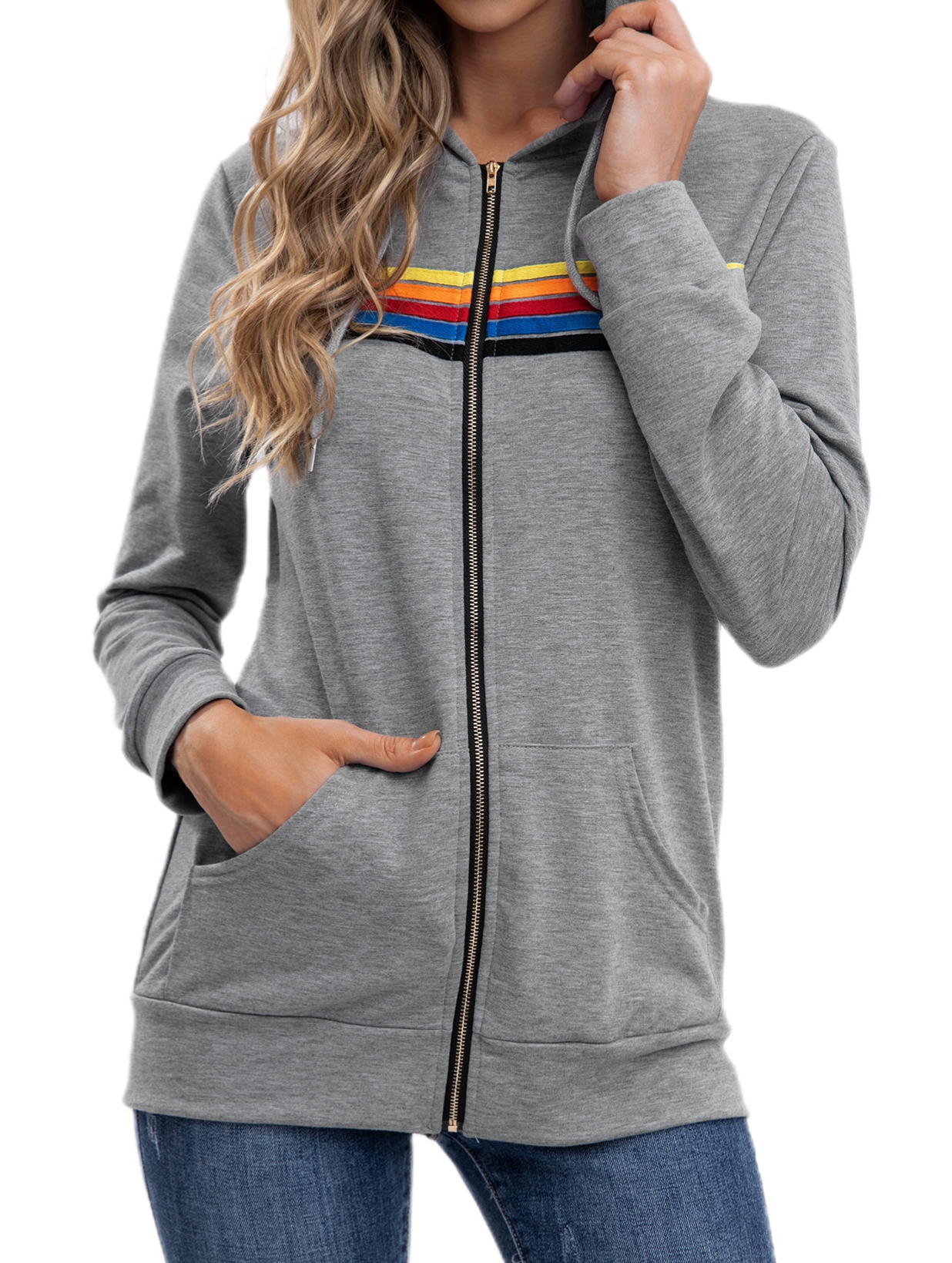 Women's Hoodies & Sweatshirts Women Fashion Hoodie Oversized Rainbow Stripe Long Sleeve Sweatshirt Zipper Pocket Coat Jacket Spring Casual V-image-764809880