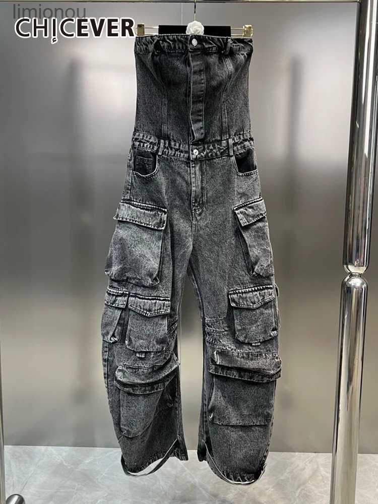 Women's Jumpsuits Rompers CHICEVER Streetwear Denim Jumpsuits For Women Strapless Sleeveless Off Shoulder High Waist Cargo Pants Y2K Style J-image-939330813
