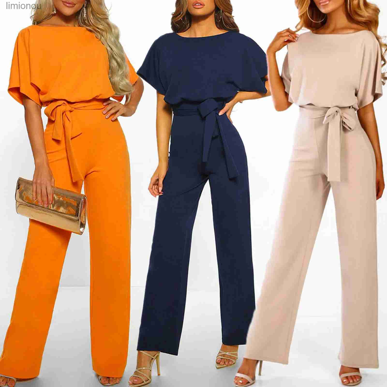 Women's Jumpsuits Rompers Women Summer Jumpsuit 2023 Short Sleeve Elegant Jumpsuit Long Wide Leg Pants High Waist Casual Bodysuit Plus Size-image-937962134