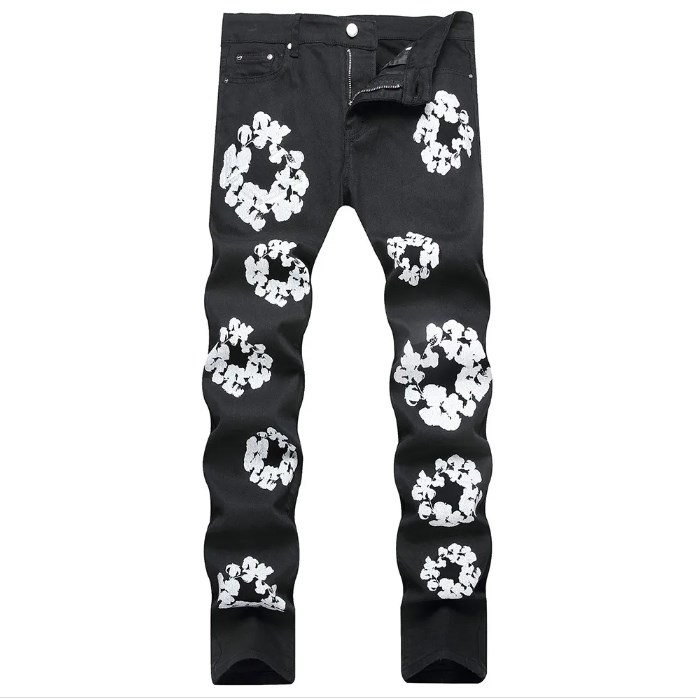 Men Flower Print Fashion Contrast Color Spliced Stretch Denim Pants Painted Slim Straight Trousers