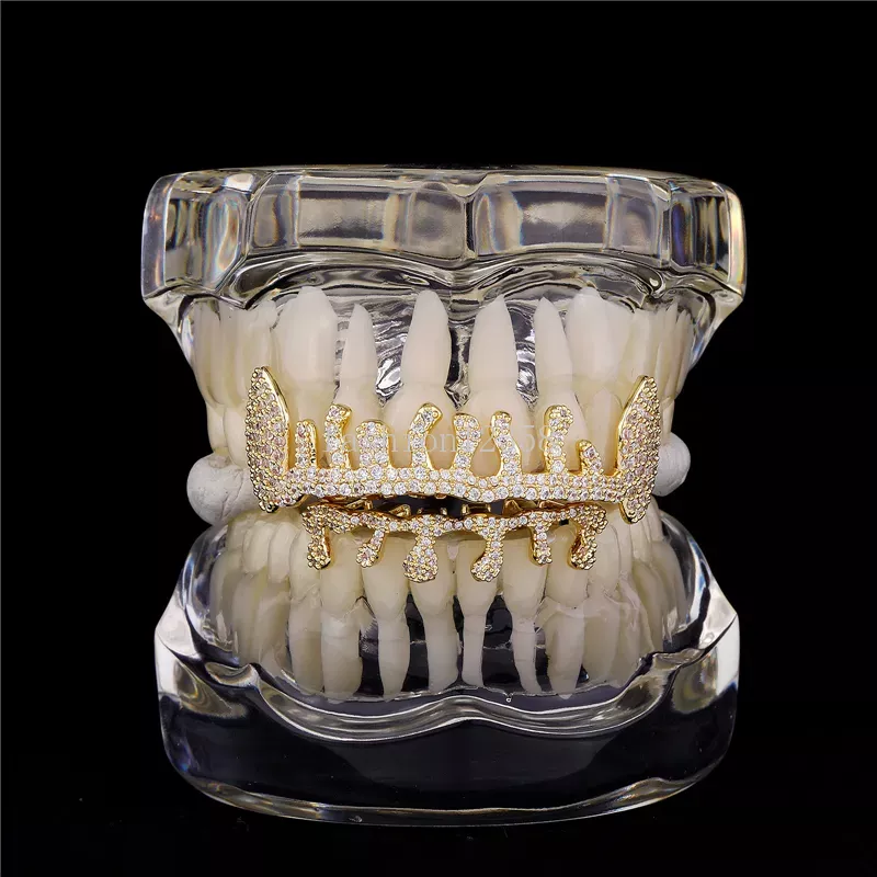 Personalized Water Drop Dentures Teeth Grills Irregular Diamond-Filled Braces Plated With Real Gold Tooth Grillz-image-1106959157