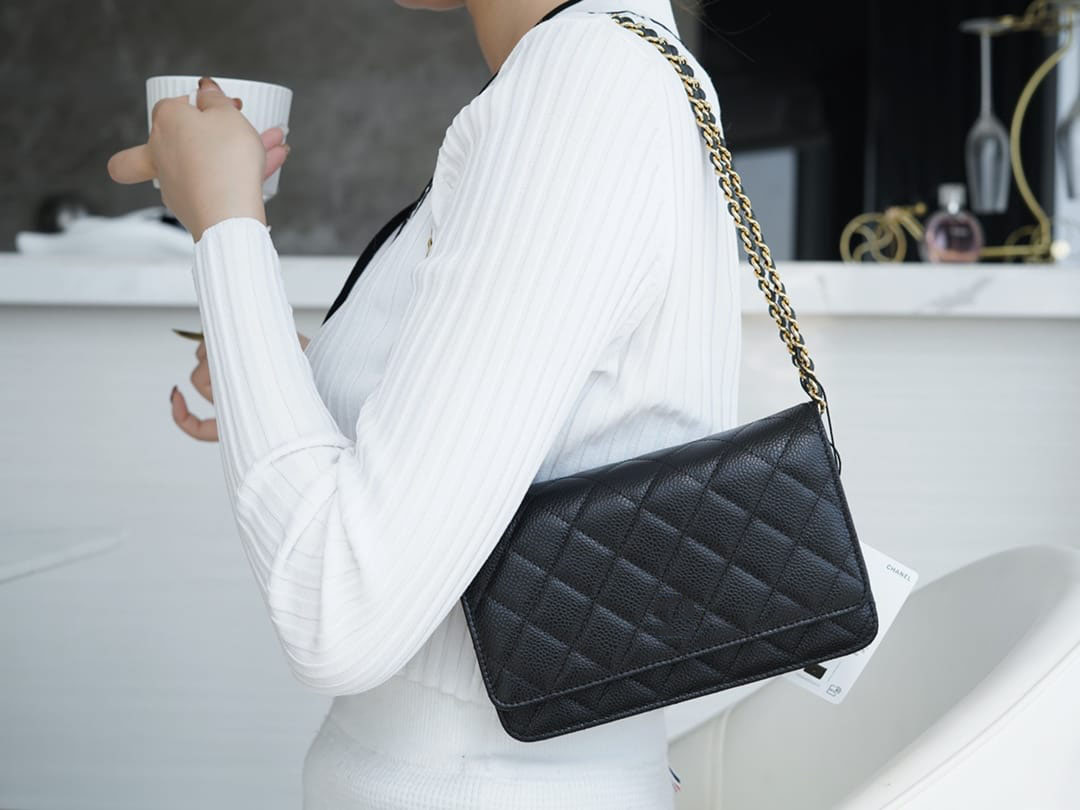 10A Retro Mirror Quality Designers Wallet on Chain Mini 19cm Flap Quilted Black Purse Womens Real Leather Caviar Lambskin Handbag Shoulr Box Bag with Card 