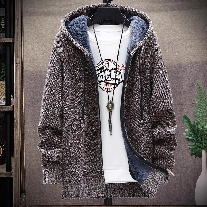 Mens Hooded Cardigan Knitted Sweater Winter Thick Fleece Warm Casual Knitwear Coat Solid Color Men Sweaters 240113