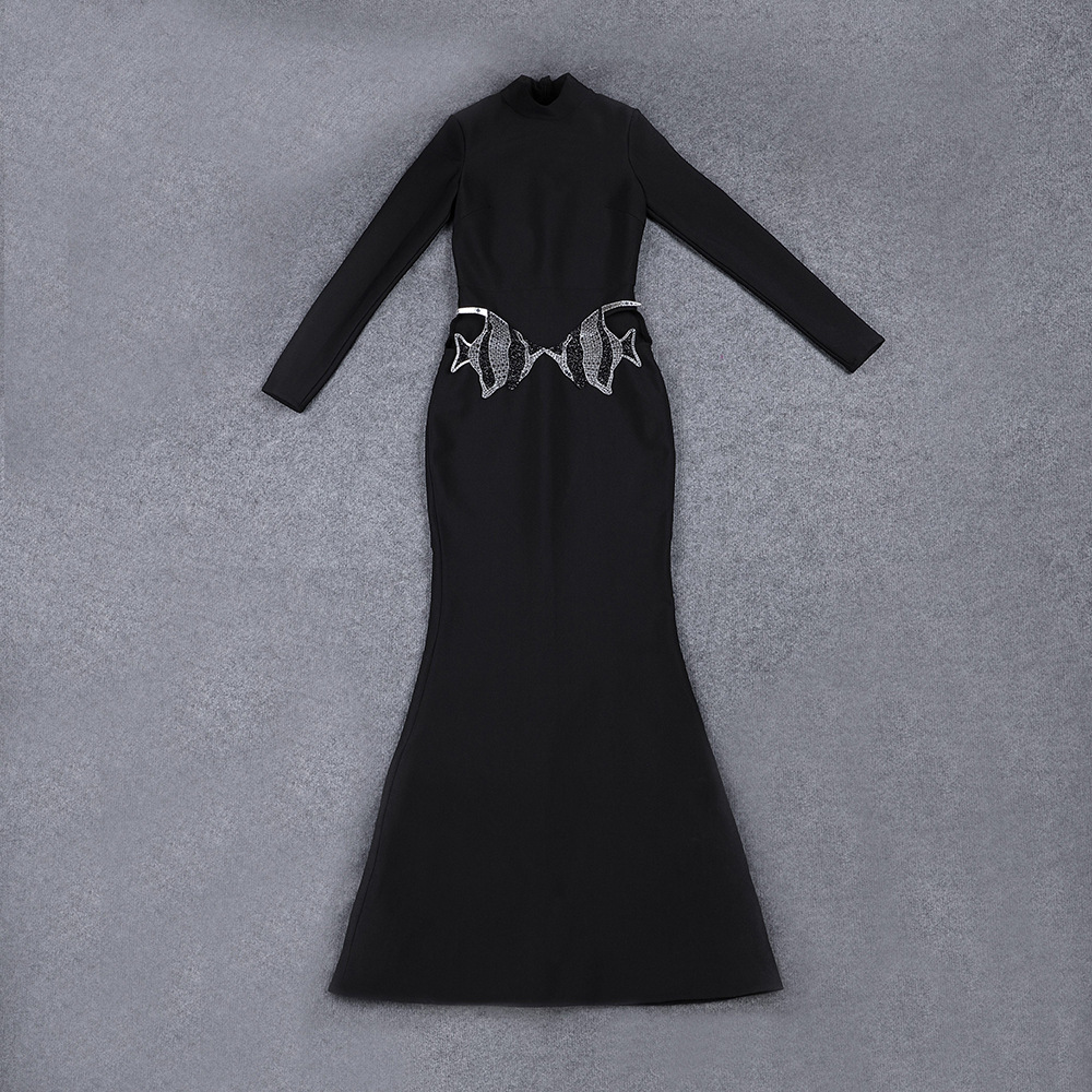 10061 L 2024 Robe de piste Printemps Robe d'été Robe de bandage Col rond Manches longues Noir Marque Même style Robe pour femme Mode Haute Qualit