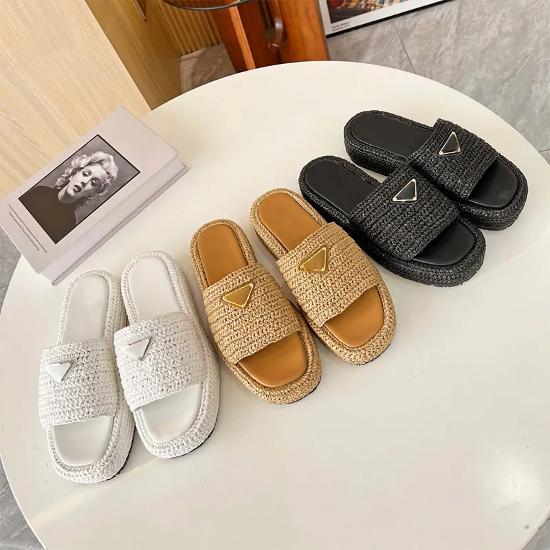Designer Straw weave sandal designer Shoe man White Raffias sandale luxury triangle Slipper Buckle slides Slippers Womens Summer platform Crochet-image-939098512