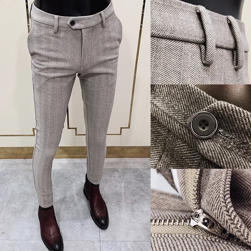 Autumn Winter Striped Woolen Cloth Suit Pants Men Casual Slim Straight Warm Trousers Formal Business Social Office Dress 260917