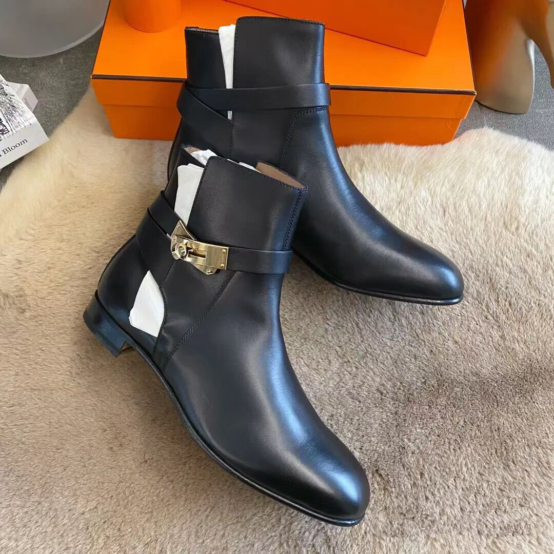 Luxury Woman Kellys ankle boots leather shoes black brown calf leathers ladies martin boots low heeled and flats knight boot goatskin buckle wrap