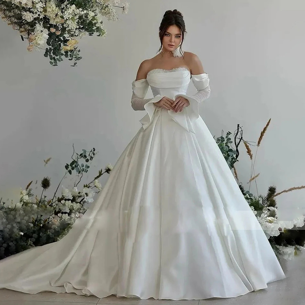 Luxury Pearls Beading Wedding Bridal Dresses Strapless With Long Sleeve Princess Wedding Gown Court Train Vestido De Novia-image-939072977