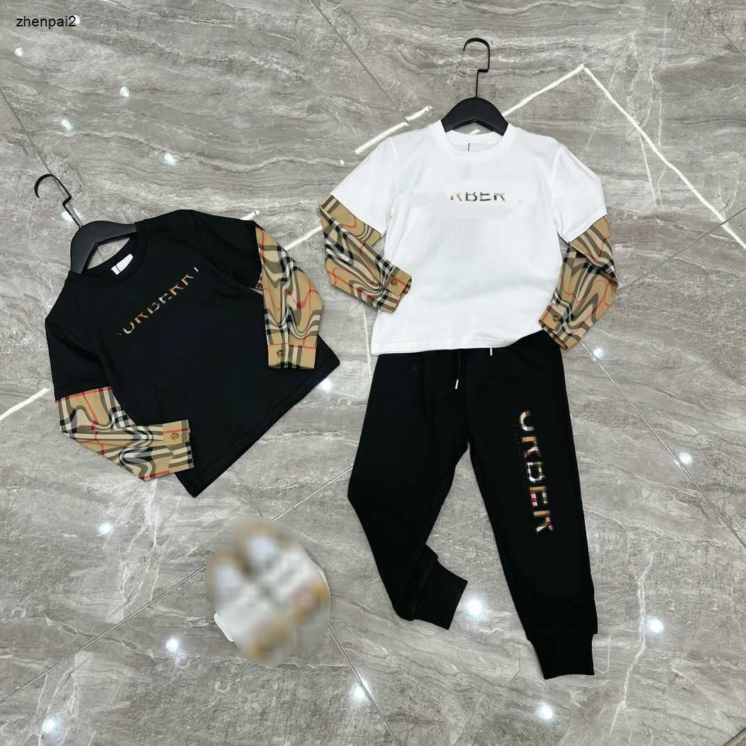 kids designer clothes baby tracksuits boys plaid Mosaic letter logo Sweater fake two tops elasticated waist trousers child Round neck hoodie and-image-885151822