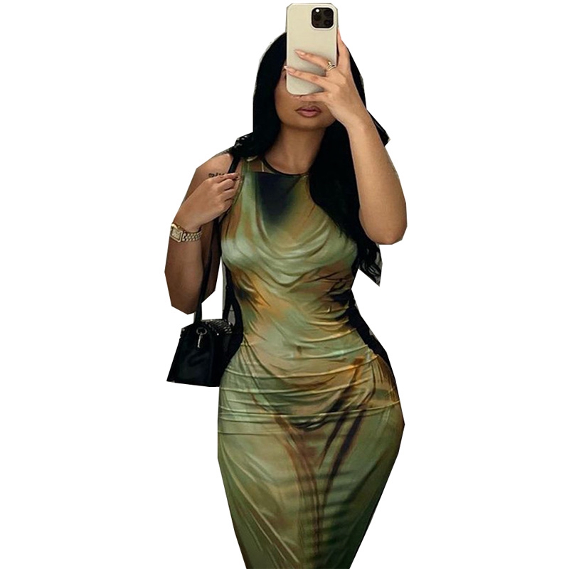 STYLISH LADY Tie Dye Printed Long Dress 2024 Spring Women Sleeveless O Neck Bodycon Sexy Club Party Maxi Vestidos De Festa-image-939060762