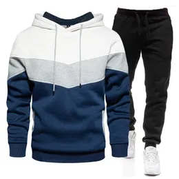 Men`s Tracksuits Autumn And Winter Warm Hooded Sweatshirt Trousers Suit Patchwork Sweater 2-piece Pullover Hoodie Sportswear