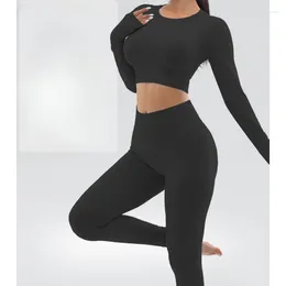 Women`s Two Piece Pants Seamless Sporty Long Sleeved Top Tight Quick Drying Moisture Absorption High Waist Hip Yoga Fitness Set