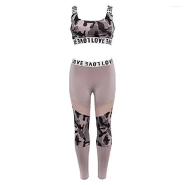 Yoga Outfits Women Stretch Leggings Set Workout Clothes Camouflage Printed Running Sports Gym Bra Tops Pants Athletic Mesh Fitness