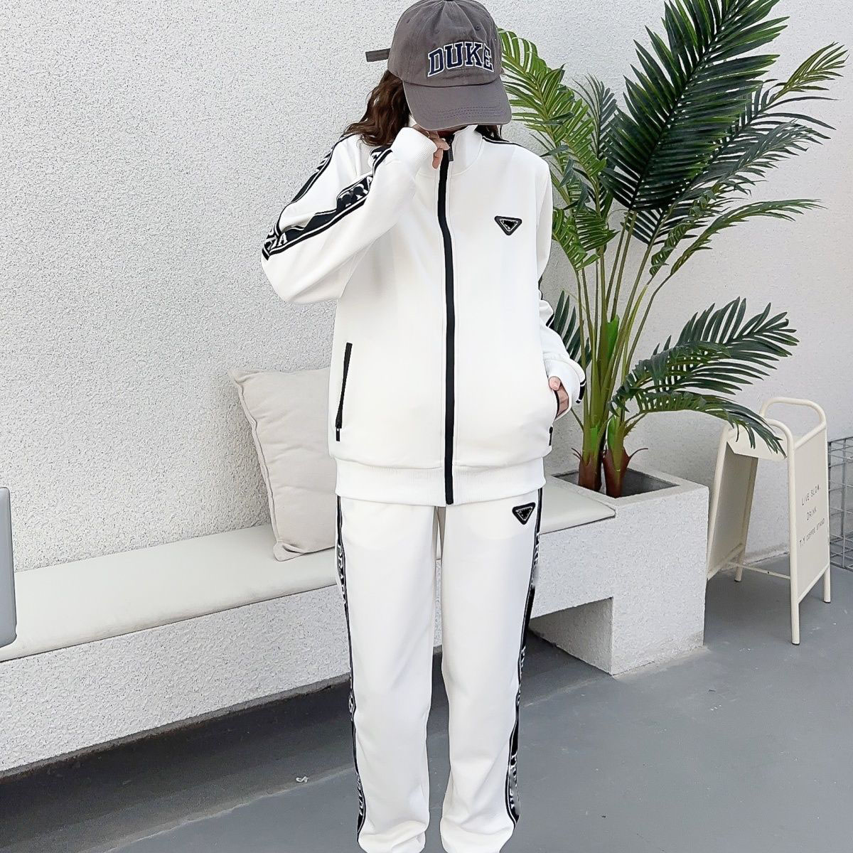 Women's Two Piece Pants black white stand neck sportswear zipper cardigan letter set clothes chandal women 2 piece