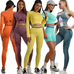 Active Sets 2023 Seamless Long Sleeve Tops Shirts Yoga Set Sports Women Fitness Workout Pant Scrunch Leggings Outfit Gym Wear Track Suits