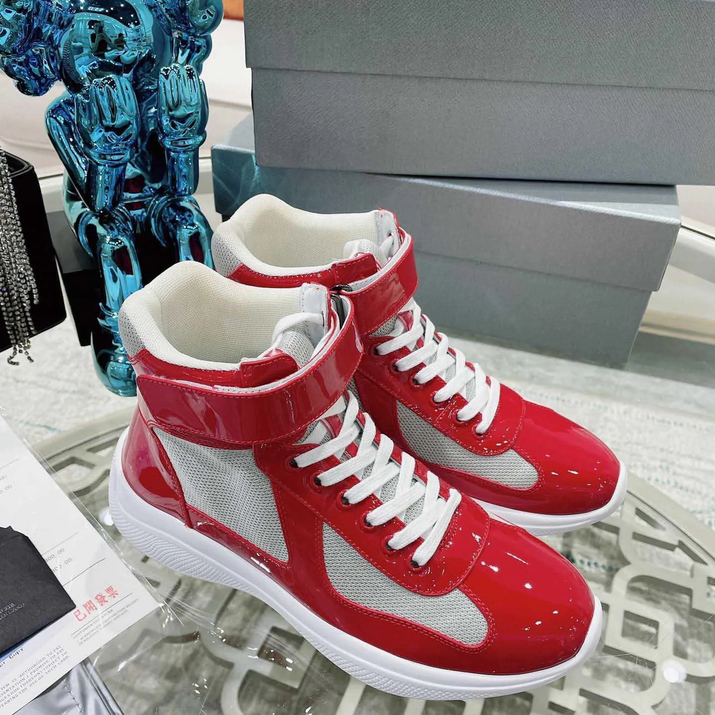With Box Prad Designer Men America Cup Shoes High Patent Leather Flat Trainers Black Blue Mesh Lace-Up Nylon Casual Shoe Outdoor Sneakers