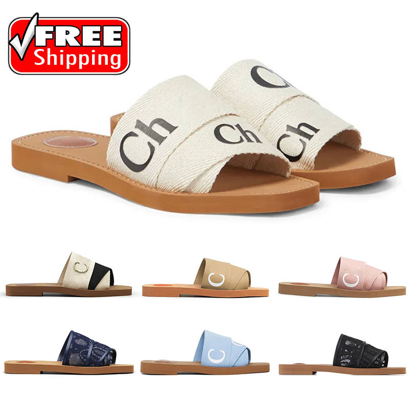 free shipping sandals designer woody sandals for women mules flat clogs slides light tan beige white black lace lettering fabric canvas slippers womens summer shoes 