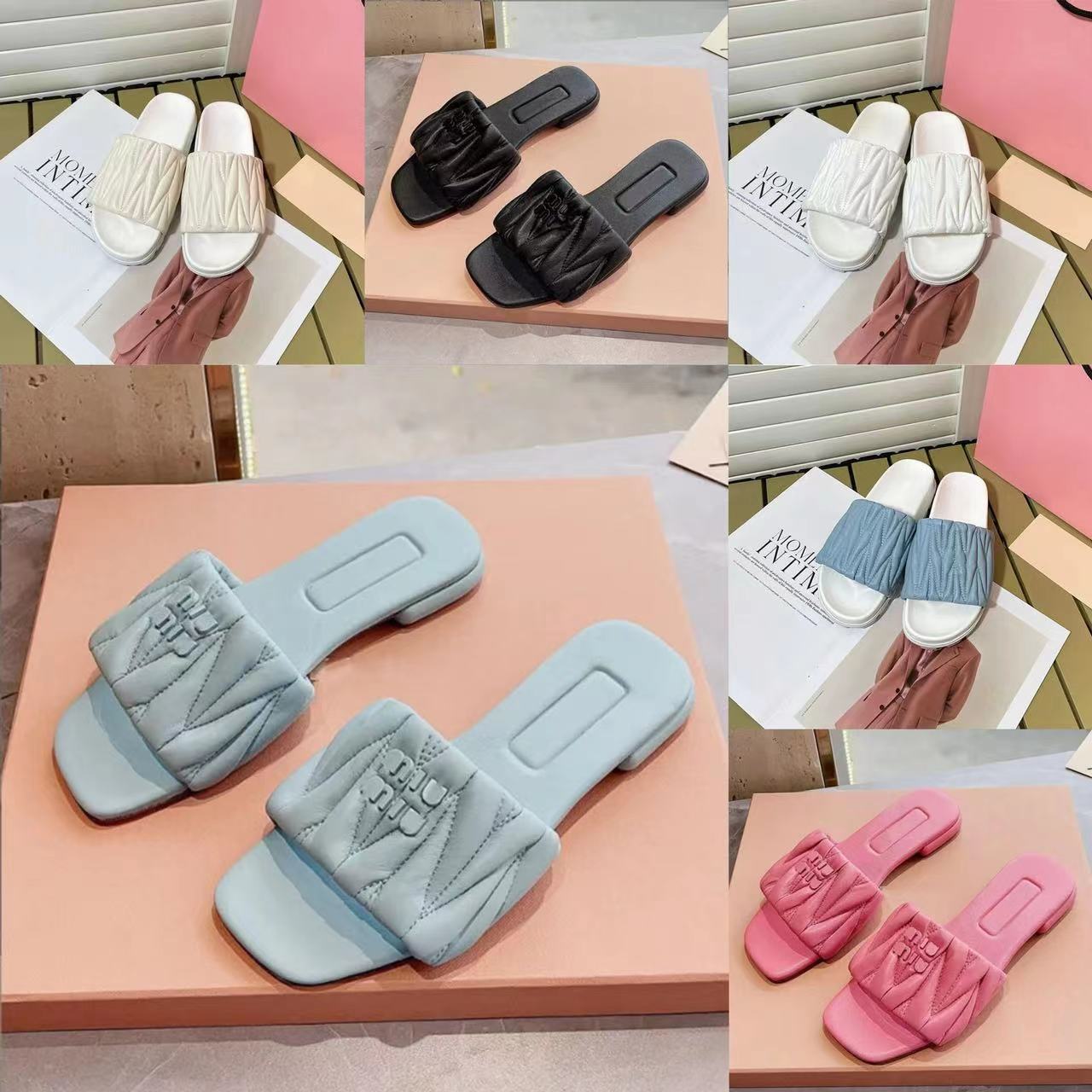 Candy Color Summer Slippers classic Women Leisure Flip Flops Fashion Flat Bottom Sandal Letters Luxury Ladies wrinkle Leather Women Beach Shoes S-image-939054841