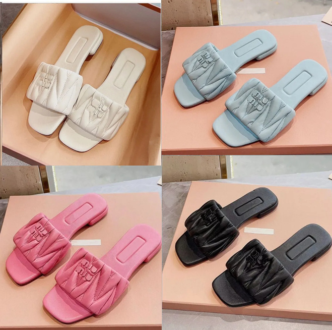 Candy Color Summer Slippers Classic Women Leisure Flip Flops Fashion Flat Bottom Sandal Letters Luxury Ladies wrinkle Leather Women Beach Shoes S-image-939614564
