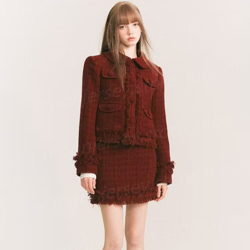 Fashion Designer Down Weaving 40% Wool Set Women's with 90% White Duck Down Warm Winter Red Suits Two Piece Dress 25896-image-939882543