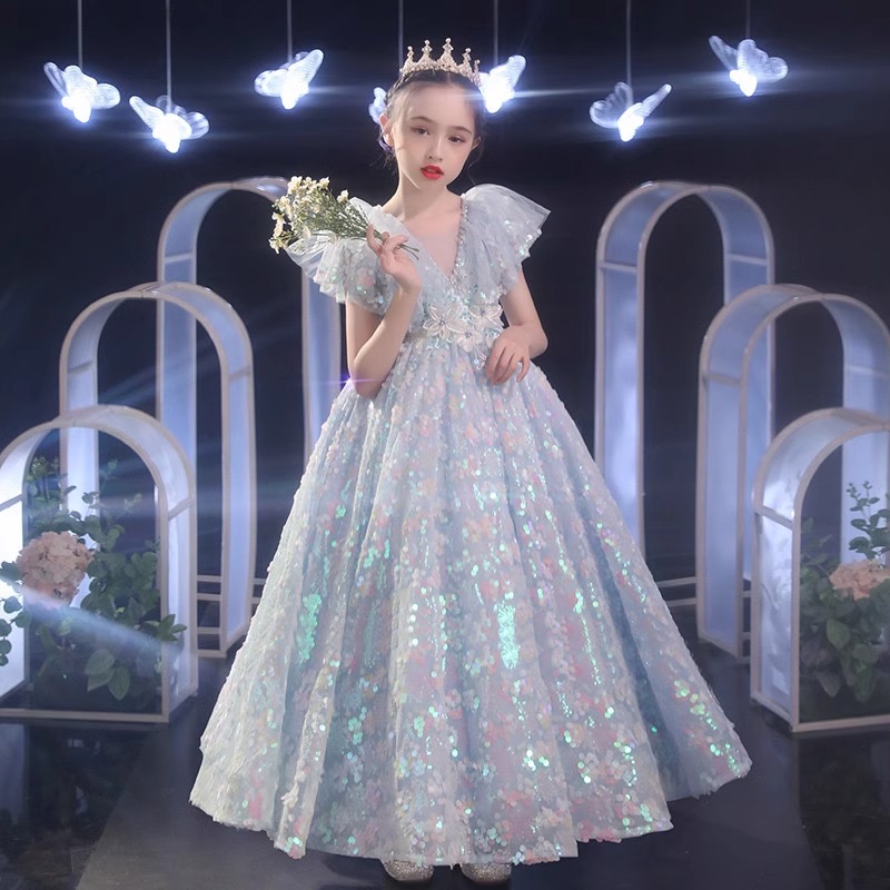 New Sequined Blue Princess Wer Girls Dresses For Wedding 2024 3D Ral Lace Appliques Lanvender Brithday Party Kids Formal Wear Toddler Long Pageant D